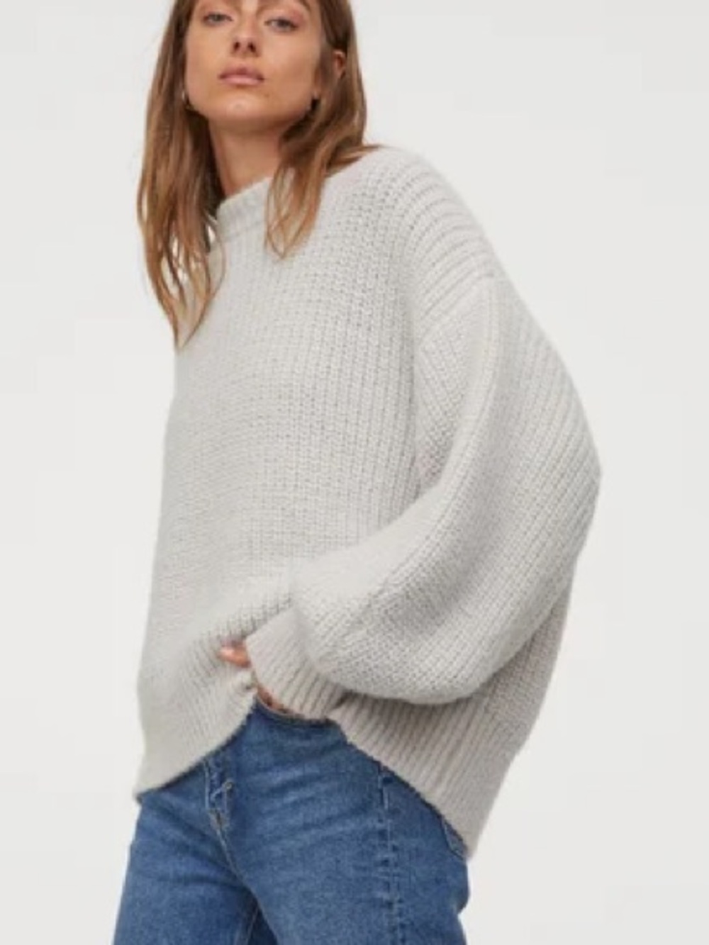 H&M Cozy Ribbed Knit Crewneck Balloon Sleeve Sweater